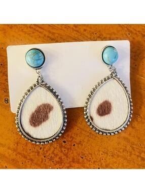 Western Style Retro Turquoise Bead & Cow Print Drop Earrings!!